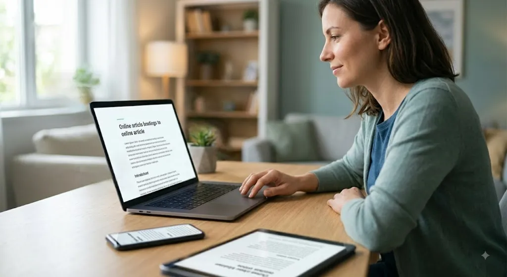 A browser window with advertising panels and tracking scripts falling away, leaving the article text